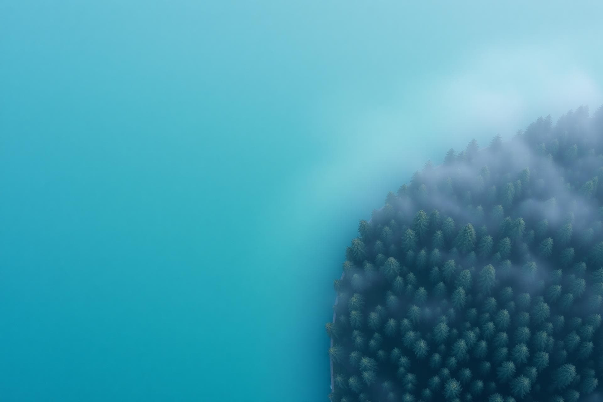 Calm aerial view of forest meeting turquoise water